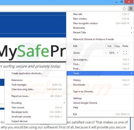 Removing MySafeProxy ads from Google Chrome step 1