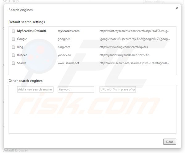 Removing mysearchs.com from Google Chrome default search engine