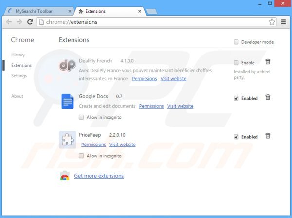 Removing mysearchs toolbar from Google Chrome extensions