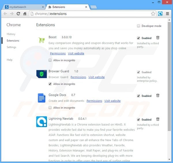 odstranění mystartsearch.com související rozšíření Google Chrome