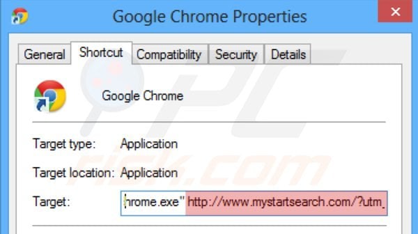 eliminarea mystartsearch.com din pasul țintă al comenzii rapide Google Chrome 2