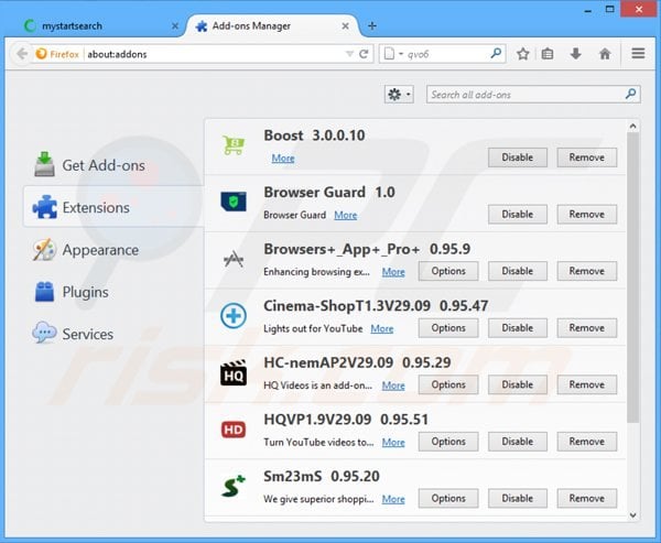 Removing mystartsearch.com related Mozilla Firefox extensions