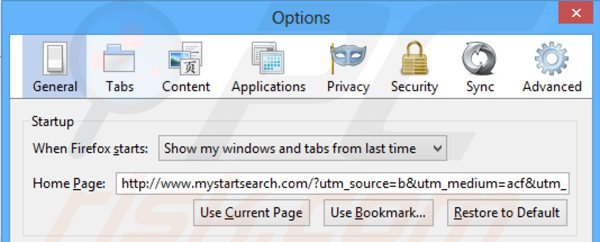  Suppression mystartsearch.com depuis la page d'accueil de Mozilla Firefox 