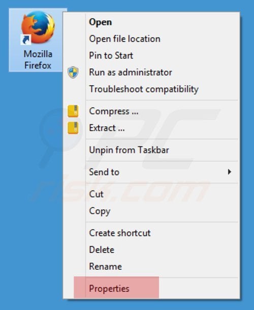 eliminarea mystartsearch.com din Mozilla Firefox shortcut țintă pas 1