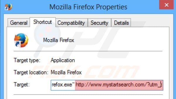 Removing mystartsearch.com from Mozilla Firefox shortcut target step 2