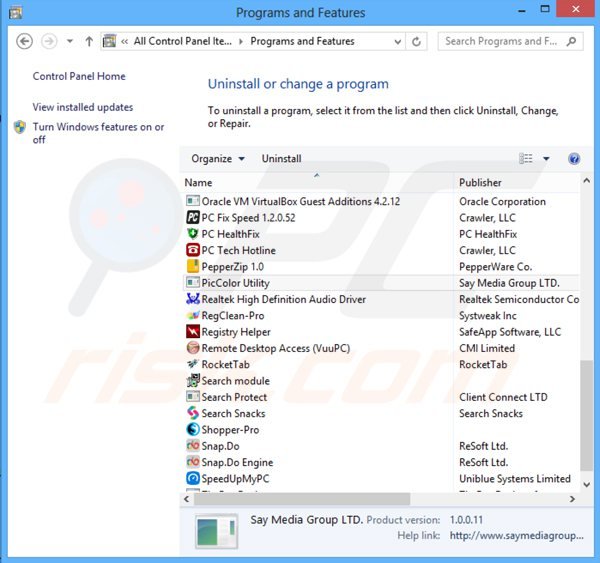 piccolor adware uninstall via Control Panel