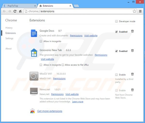 Removing PopToTop ads from Google Chrome step 2