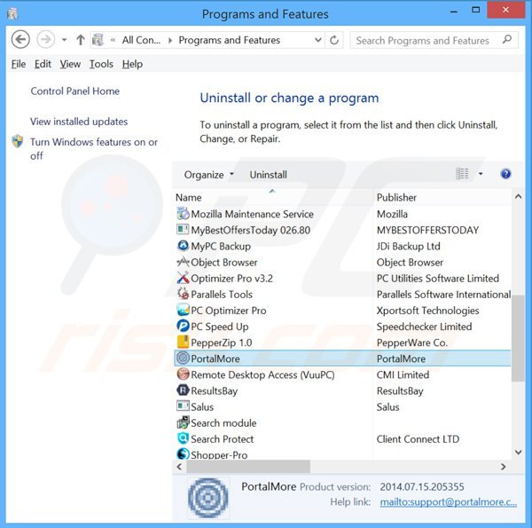 portalmore adware uninstall via Control Panel