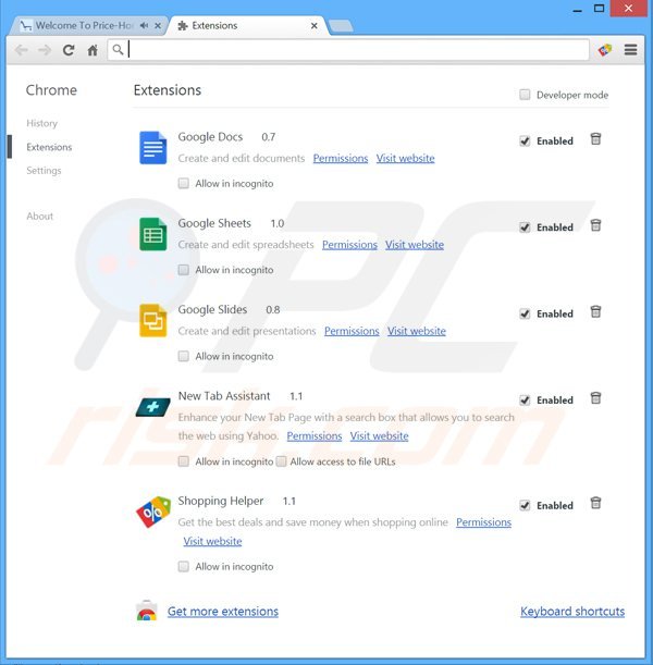 Removing pricehorse ads from Google Chrome step 2