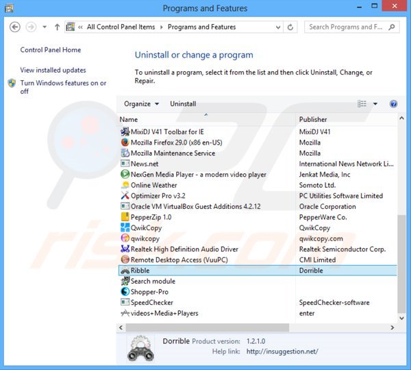 Ribble adware uninstall via Control Panel