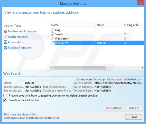 Removing websearch.searchandfly.info from Internet Explorer default search engine