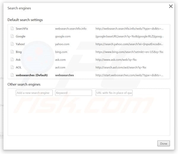 Removing websearch.searchfix.info from Google Chrome default search engine