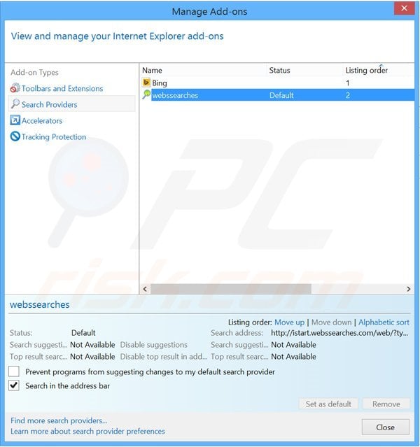 Removing websearch.searchfix.info from Internet Explorer default search engine