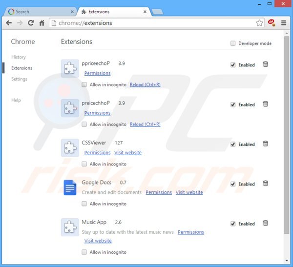 Removing websearch.searchiseasy.info related Google Chrome extensions
