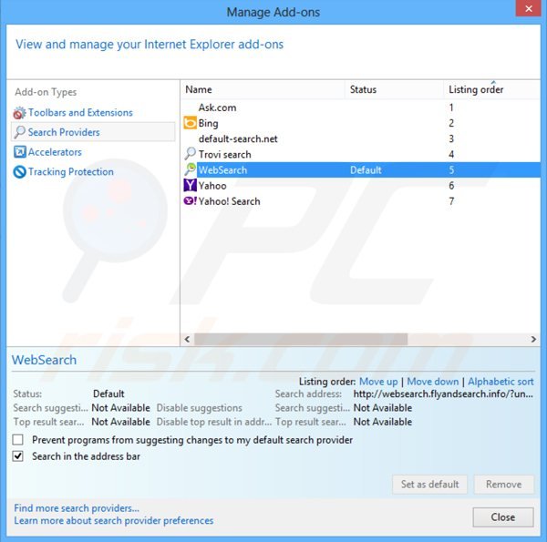 Removing websearch.searchiseasy.info from Internet Explorer default search engine