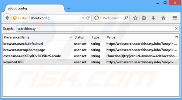 Removing websearch.searchiseasy.info from Mozilla Firefox default search engine