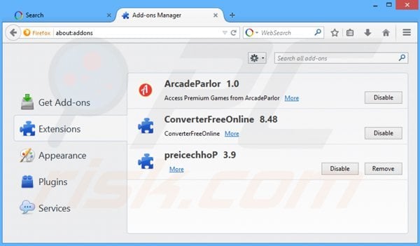 Removing websearch.searchiseasy.info related Mozilla Firefox extensions