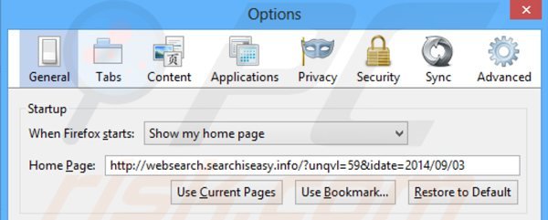 Removing websearch.searchiseasy.info from Mozilla Firefox homepage
