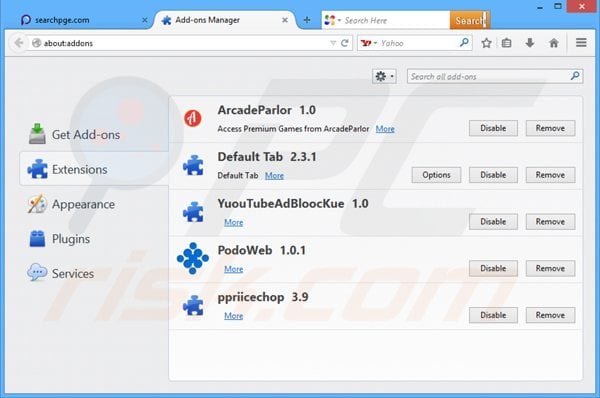 Removing searchpge.com related Mozilla Firefox extensions
