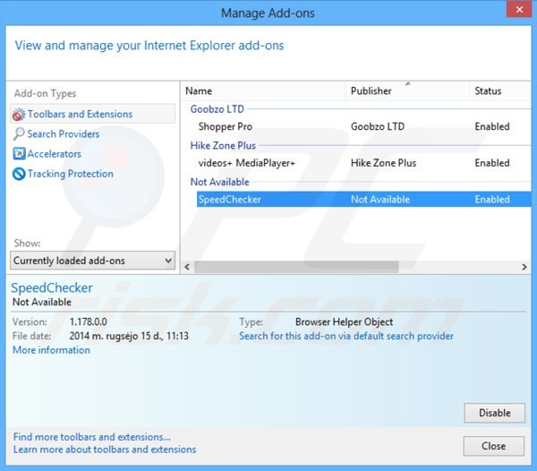 Removing SpeedChecker ads from Internet Explorer step 2