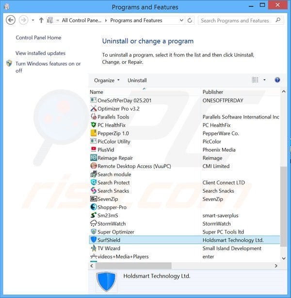 SurfShield adware uninstall via Control Panel