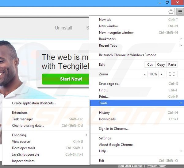 Removing Techgile from Google Chrome step 1