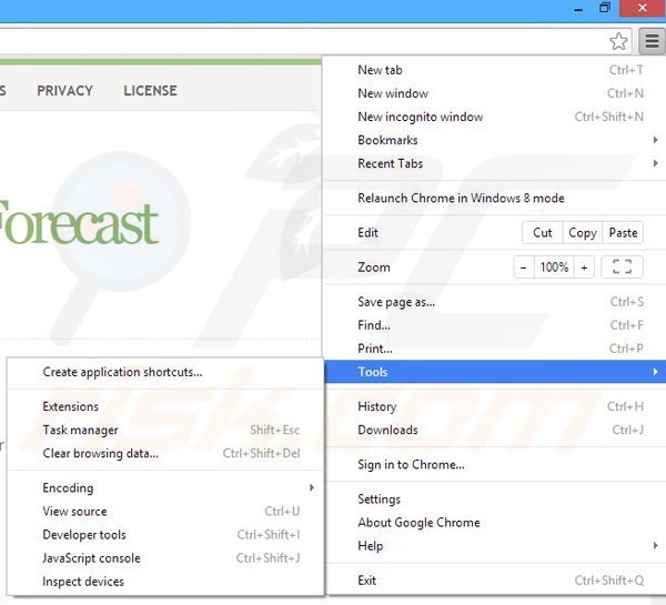 Removing Weather Forecast related adware from Google Chrome step 1