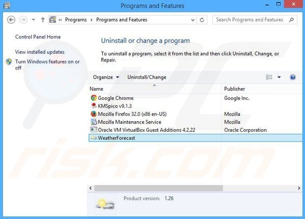 Weather Forecast adware uninstall via Control Panel