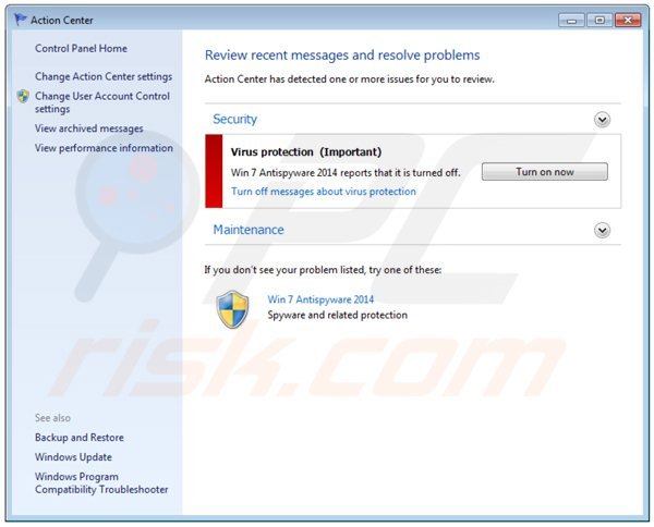 win 7 antispyware 2014 showing a fake Windows Action Center