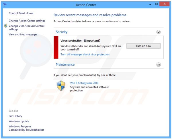 win 8 antispyware 2014 displaying a fake Windows Action Center