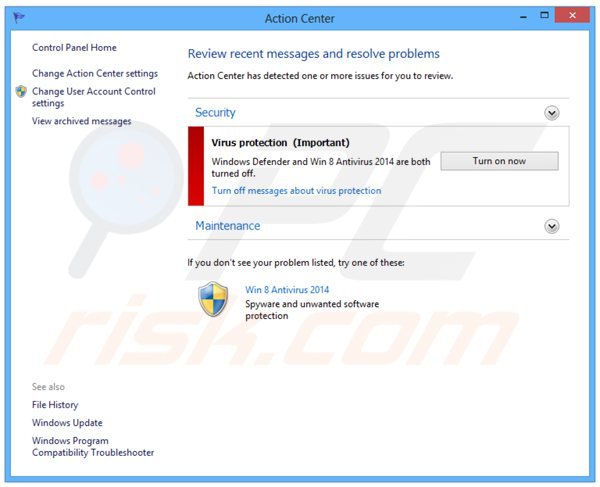 win 8 antivirus 2014 displaying a fake Windows Action Center