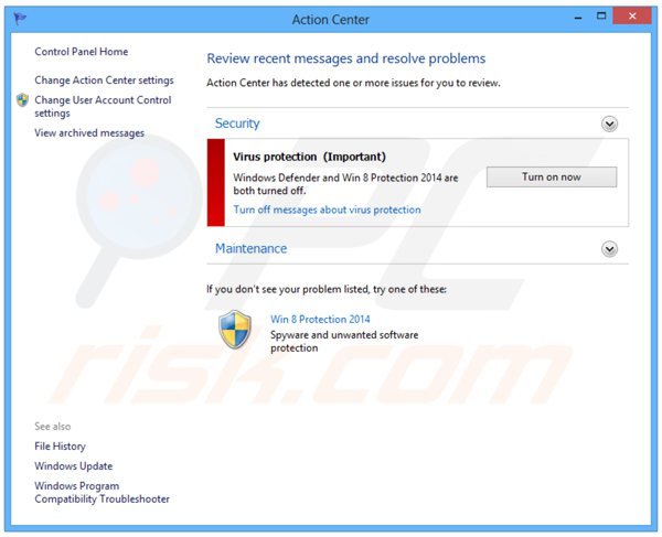 win 8 protection 2014 displaying a fake Windows Action Center