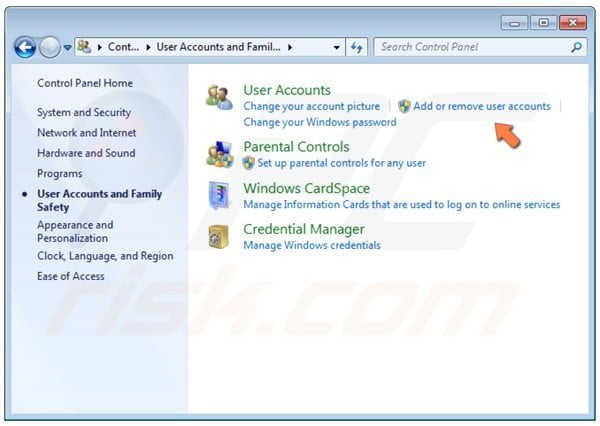 Windows 7 Control Panel - add or remove user accounts