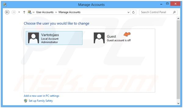 Turning on Guest user in Windows 8 step 3 - clicking 