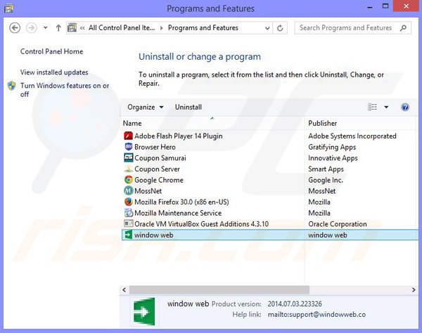 Uninstalling window web via control panel