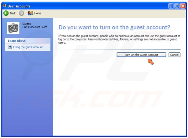 Turning on a guest user on Windows XP step 4 - clicking 