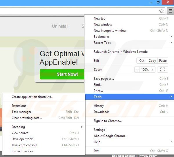 Removing AppEnable from Google Chrome step 1