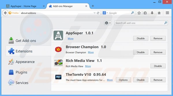 Removing AppSuper from Mozilla Firefox step 2