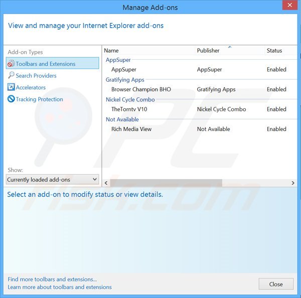 Removing AppSuper from Internet Explorer step 2