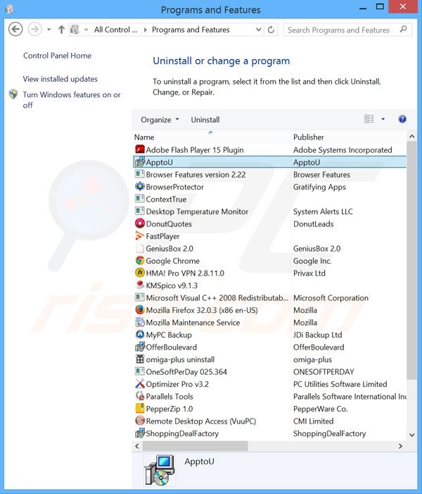 apptou adware uninstall via Control Panel