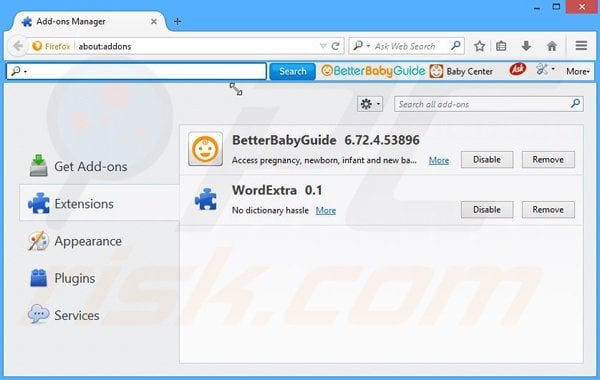 Removing BetterBabyGuide related Mozilla Firefox extensions