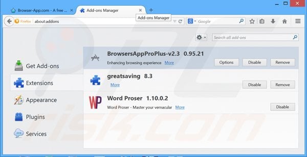 Removing browsersappproplus ads from Mozilla Firefox step 2