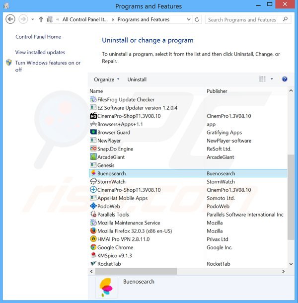 buenosearch.com browser hijacker uninstall via Control Panel