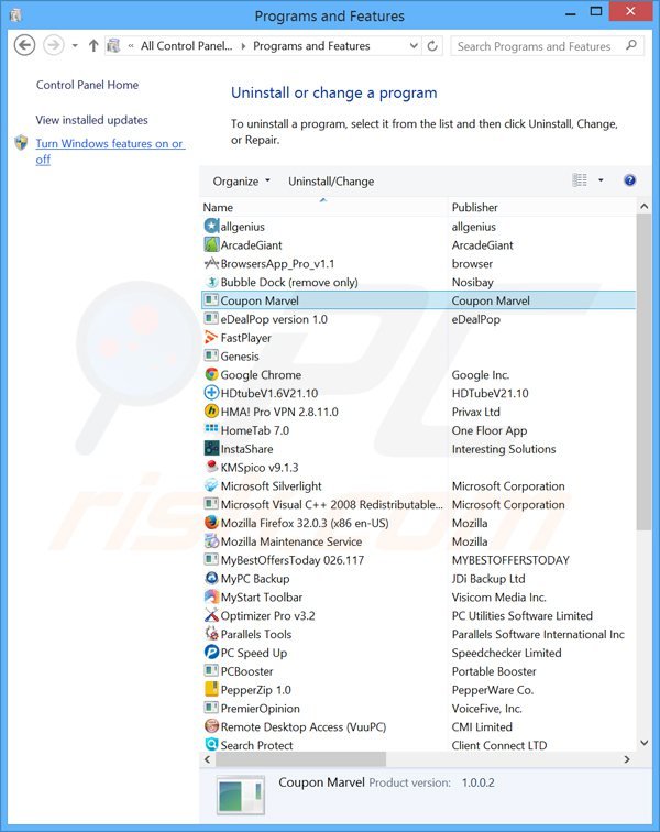 Coupon Marvel adware uninstall via Control Panel