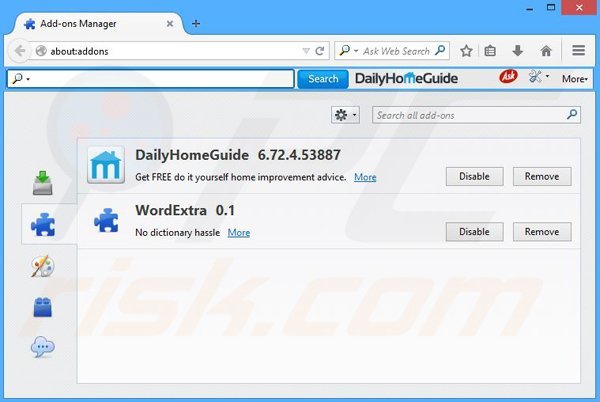 Removing DailyHomeGuide related Mozilla Firefox extensions