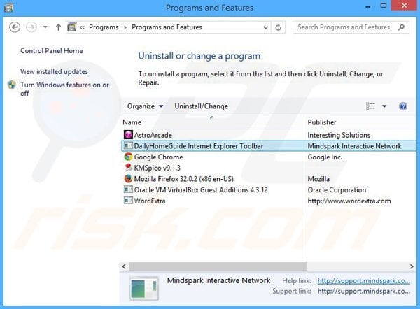 DailyHomeGuide browser hijacker uninstall via Control Panel