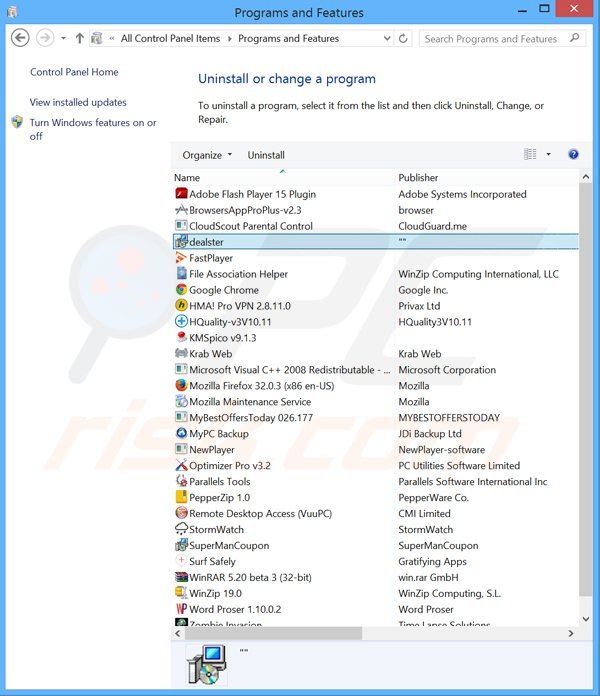 dealster adware uninstall via Control Panel