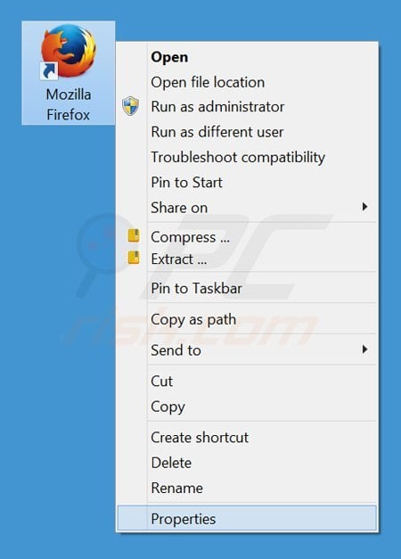 Removing delta-homes.com from Mozilla Firefox shortcut target step 1