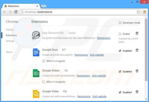 Removing Easy Discount Pro ads from Google Chrome step 2