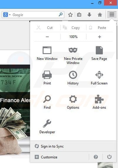 Removing Finance Alert ads from Mozilla Firefox step 1